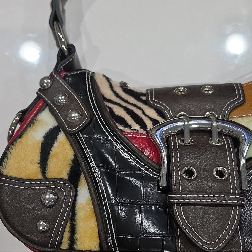 Dolls kill Womens Multicolor Animal Print Faux Leather Shoulder Bag Buckle Zip - Picture 2 of 12